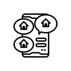Line art illustration of a smartphone displaying house icons within speech bubbles symbolizing online real estate services or home communication on a transparent background
