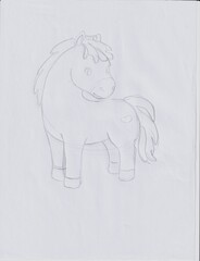 Adorable pencil sketch of a horse in a simple, childish style. Minimalist hand-drawn outline perfect for coloring, painting, or early learning art activities for kids.