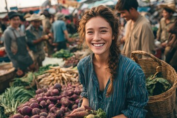 Fototapeta premium Smiling woman with curly hair holds fresh vegetables in a vibrant market, surrounded by colorful produce and bustling shoppers, showcasing a lively atmosphere of community engagement