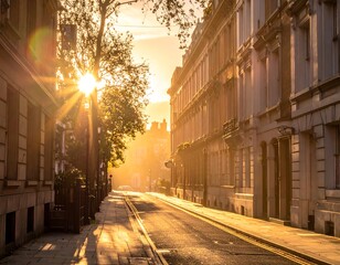 Obraz premium A golden sunrise bathes a European street in warm light, highlighting detailed architecture and leafy trees. Street is empty