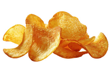 Pile of crispy golden potato chips with textured surface on black snack food, Isolated On Transparent Background, Png Cut Out
