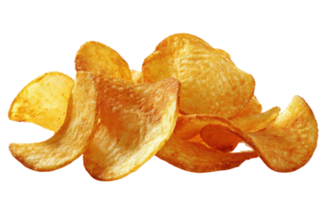 Pile of crispy golden potato chips with textured surface on black snack food, Isolated On Transparent Background, Png Cut Out