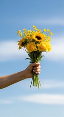 Hand Holding Yellow Flowers Against a Blue Sky.