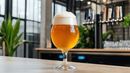 Elegant Glass of Craft Beer with Frothy Head on Bar Counter, Modern Interior, Brewery Setting, Refreshing Drink, and Golden Liquid for Tasting
