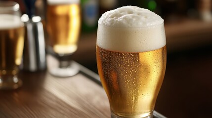 Refreshing Pint of Golden Beer with Frothy Head on Bar Top, Condensation, Bubbles, and Blurred Background for Socializing and Enjoying a Drink