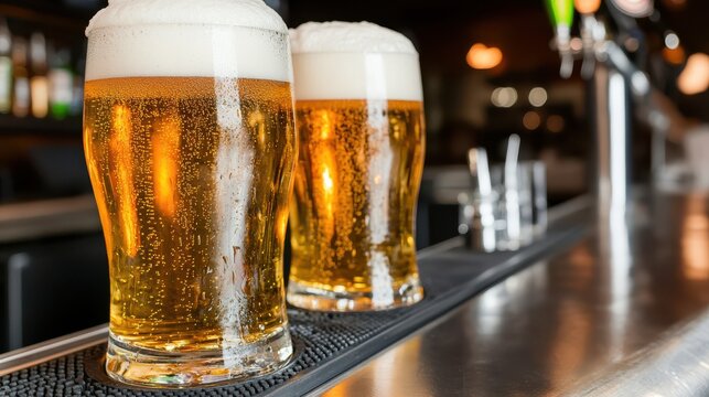 Two Glasses of Golden Beer with Frothy Head on Bar Counter, Refreshing Drinks, Bubbles, and Blurred Background for Socializing and Enjoying