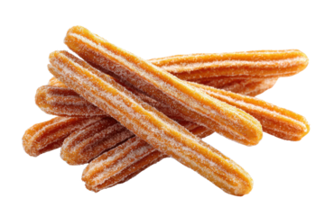 Pile of golden brown churros coated in white sugar crystals on black pastry fried, Isolated On Transparent Background, Png Cut Out