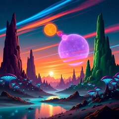 Surreal Alien Landscape with Glowing Mushrooms and Twin Planets.