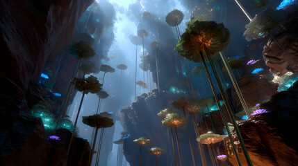 Mysterious glowing alien flora and fauna illuminate a deep cavern with ethereal blue light shafts