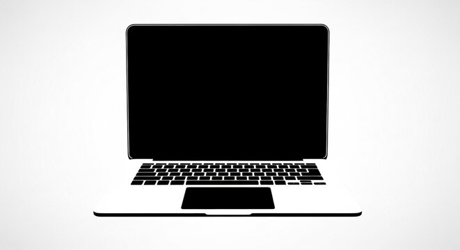 Minimalist front view of an open laptop with a black screen and silver body.