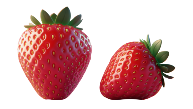 Two distinct strawberries, one significantly larger, the other small, beautifully contrasting in size and color PNG format.