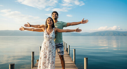 Joyful Couple Embracing Freedom on Lakeside Pier