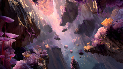 Surreal alien landscape with floating islands and vibrant purple and pink flora illuminated by soft light
