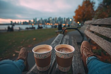 First-person view. A couple is sitting on a bench in a city park, drinking coffee.