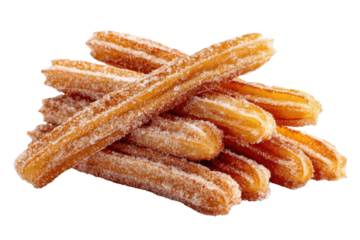 Pile of golden brown churros coated in sparkling white sugar on black background fried pastry, Isolated On Transparent Background, Png Cut Out
