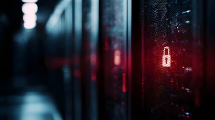 A server rack with a glowing padlock icon symbolizing digital security and data protection in a dark technological environment