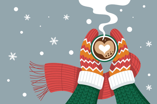 Stay cozy this winter with a warm cup of coffee in mittens, perfect for holiday cards and seasonal promotions, bringing festive cheer and comfort
