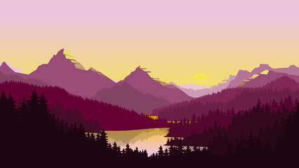 Burgundy Mountain Range Landscape with Sunset and River Reflection