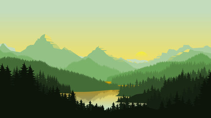 Calm Green Mountain Landscape with Pine Forest and Misty Valley