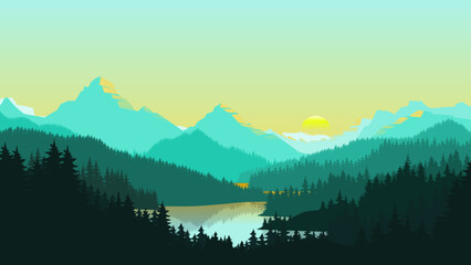 Bright Green Mountain Landscape with Fresh Forest and Morning Light