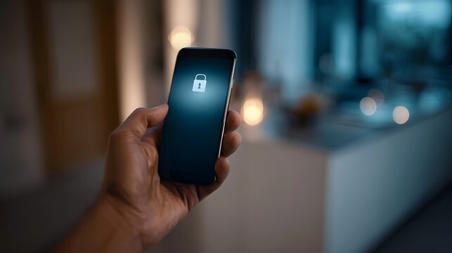 A hand holds a smartphone displaying a glowing padlock icon symbolizing digital security and smart home control