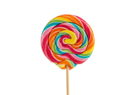 Large, glossy rainbow rock candy lollipop on a wooden stick, vibrant swirling colors, transparent studio background with copy space, soft lighting, concept of sweet treats