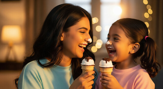 Joyful Indian Mother and Daughter Enjoying Messy Ice Cream - Powered by Adobe