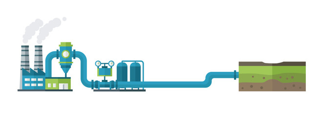 Flat illustration of industrial gas pipeline system with factory equipment, pressure control unit, and underground storage process for energy and gas distribution on white background