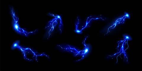Blue lightning bolts set isolated on black. Vector realistic illustration of magic energy flashes, thunderstorm strikes, neon curves glowing in dark with bright sparks, electric power discharge