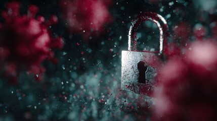 Metallic padlock symbolizing security and protection against a backdrop of a dangerous viral outbreak