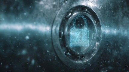 Glowing digital padlock hologram superimposed on a secure metallic vault surface with futuristic light particles
