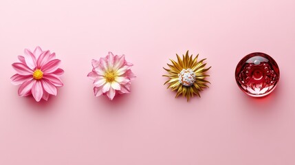 Delicate flowers and a sphere on a pink background