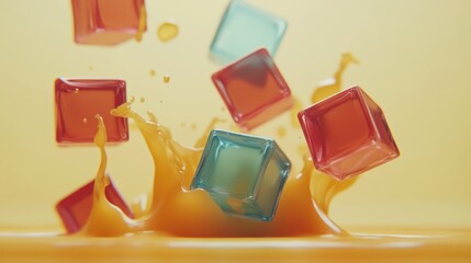 Colorful cubes dropping into a splash of orange juice