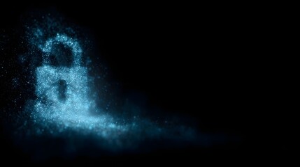 An abstract glowing blue lock symbol formed from digital particles against a dark background
