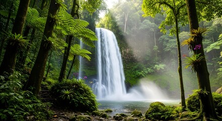 Beautiful waterfall cascading down rocks surrounded by lush green trees in tropical rainforest