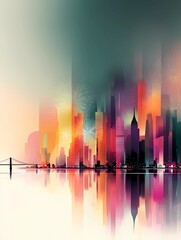 Stylized city skyline with fireworks, modern New Year greeting card