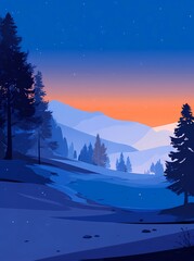 Fantasy forest with glowing trees and snowflakes, decorative flat art, ethereal atmosphere, New Year magic theme,  winter greeting card