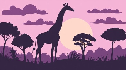 Silhouette giraffe in African savanna sunset