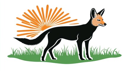 Black and red fox in grass, sunburst