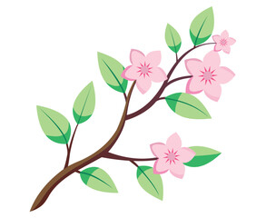 A delicate illustration of pink cherry blossoms and vibrant green leaves