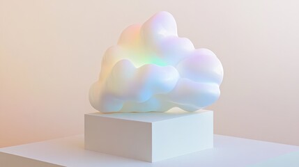 Abstract, iridescent cloud sculpture on a pedestal