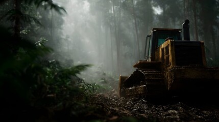 A yellow bulldozer operates in a foggy dense jungle clearing vegetation on a muddy path