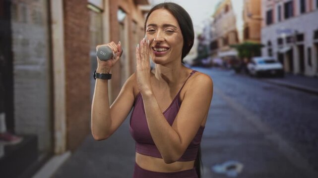 Woman smiling while holding 1kg dumbbell and wiping sweat with hand, wearing purple sports bra and smartwatch on a cobblestone street; joy fitness.