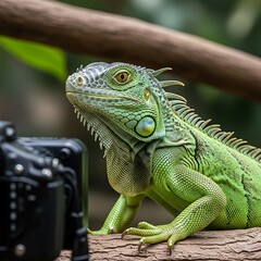 Iguanas Curious Gaze - A Reptilian Encounter with Technology.