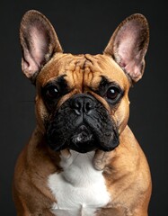 Fototapeta premium A close-up, centered portrait showcases a focused French Bulldog. It has a brown and white coat, expressive eyes, and erect ears, set against a dark background