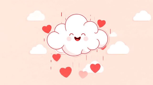Animated cartoon cloud with smiling face and falling hearts on pink background