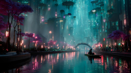 Mystical glowing forest with a lone figure in a boat on a tranquil river at night
