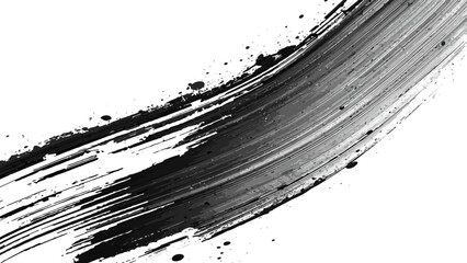 Abstract black ink brush stroke on white background forming a bold curved sweep with splatters and streaks. Expressive, calligraphic, and painterly, conveys motion, energy, and modern minimal drama.  