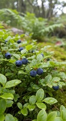 Wild blueberries in a lush forest setting, close-up view.