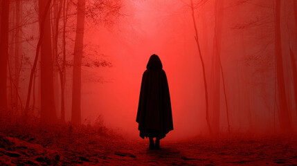 Eerie silhouette of person in cloak standing in red foggy forest with tall trees creating mysterious atmosphere